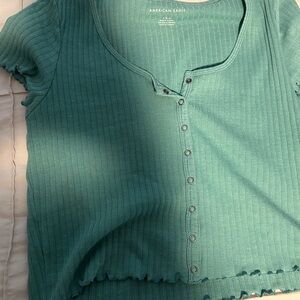 American Eagle Outfitters Green Ribbed Button-Down Top